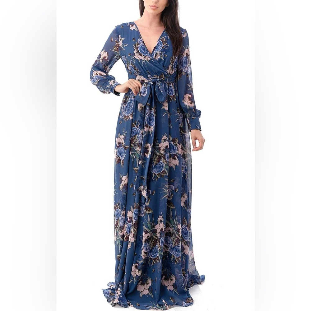PINKBLUSH Ricarica Turquoise Floral Chiffon Long Sleeve Maxi Dress Size S